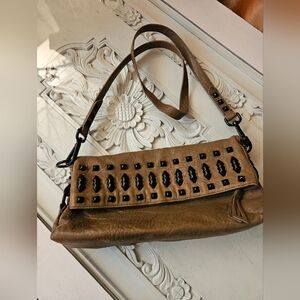 Vintage POUR LA VICTOIRE Soft Real Leather Tan Studded Rockstar Crossbody Bag